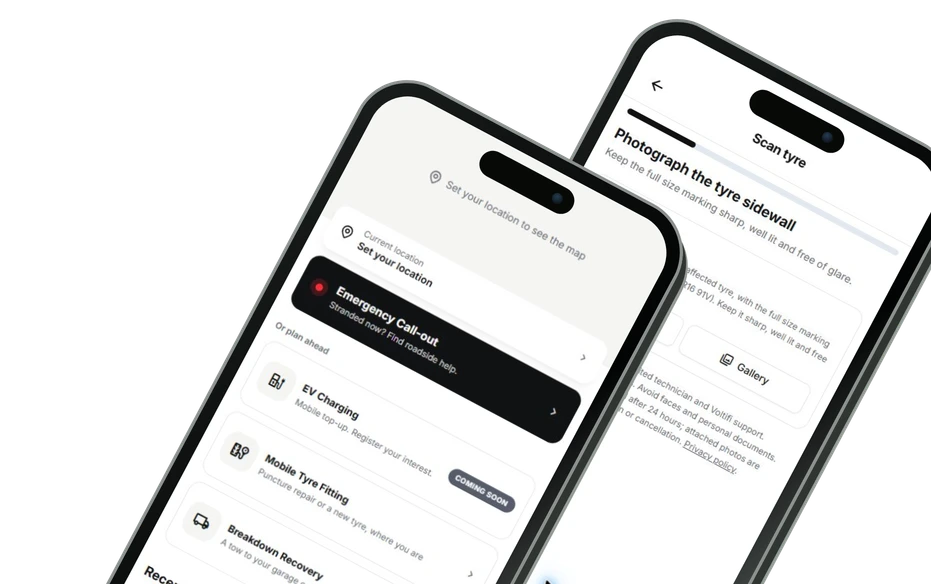 Voltifi app booking screens displayed on phones