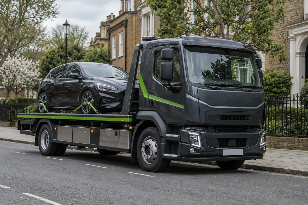 A car secured on a recovery vehicle