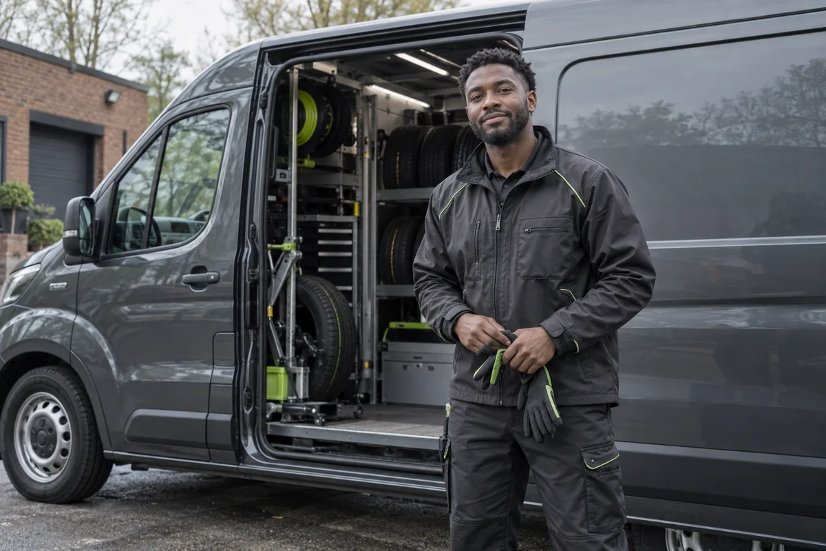 A mobile technician preparing equipment beside a service van